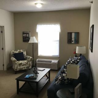 Cozy living room with a sofa, armchair, and coffee table near a window.