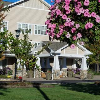 A charming house surrounded by lush greenery and vibrant flowers.