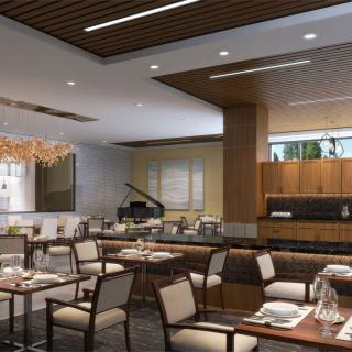 A modern restaurant interior with elegant seating and decor.