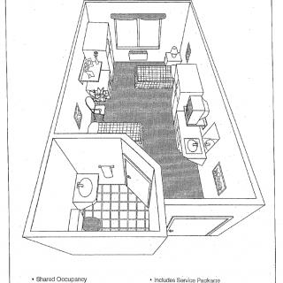 3D floor plan of a dormitory room with furniture and bathroom.