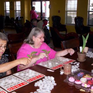 A group of seniors enjoys a game of bingo at a community center.