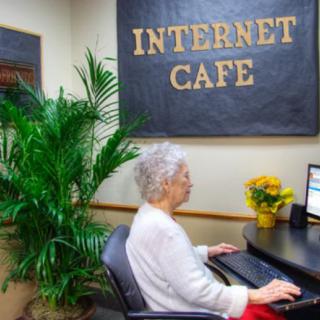 An elderly woman using a computer at an internet caf, surrounded by indoor plants and flowers.