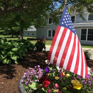 An American flag displayed in a vibrant flower garden outside a building.