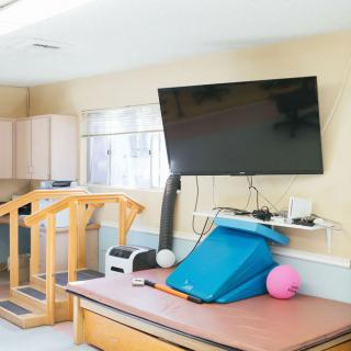 A rehabilitation room equipped with therapy tools, including a TV, exercise balls, and wooden stairs.