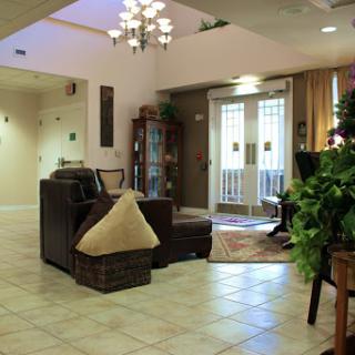A welcoming lobby area featuring comfortable seating, decorative plants, and elegant lighting.