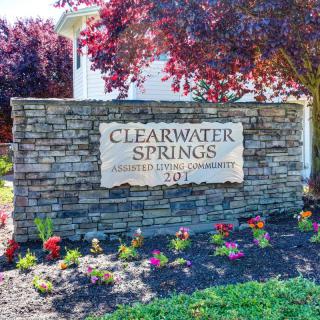 A stone wall sign for Clearwater Springs surrounded by colorful landscaping.