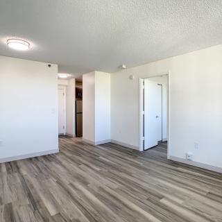A bright, empty room with wood-style flooring and white walls, featuring a doorway and overhead lighting.