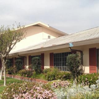 A residential building with a well-maintained garden featuring flowers and trees.