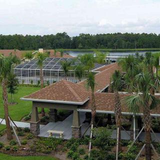 A scenic view of a resort area featuring palm trees and modern architecture.