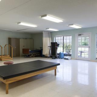 A spacious therapy room equipped with exercise equipment, featuring large windows for natural light.