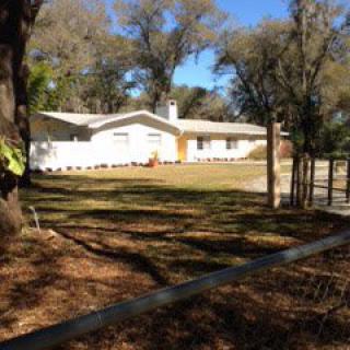 A single-story house surrounded by trees and a well-maintained lawn.