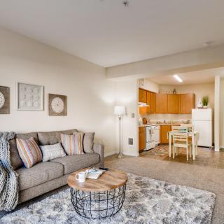 Cozy apartment living room with a view of the kitchen and dining area.