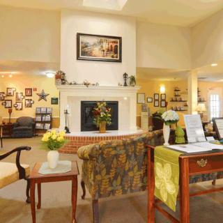 A cozy living room with a central fireplace, comfortable furniture, and elegant decor.