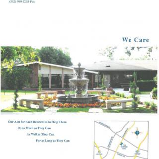 Image of a landscaped garden with a fountain in front of a building, accompanied by text and a map.