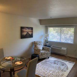 Cozy living room with an armchair, dining table, and wall art.