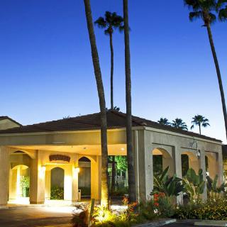 A hotel building with palm trees and evening lighting.