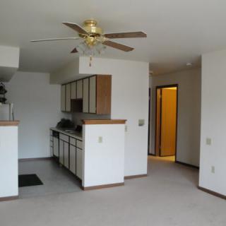 An empty apartment interior with a view of the kitchen and living room.