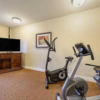 A cozy home gym featuring stationary bikes and a television.
