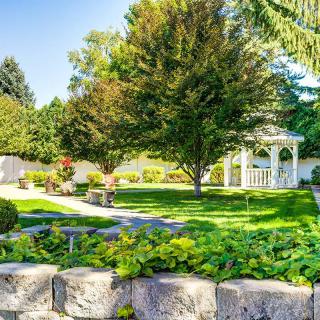 A tranquil garden featuring a charming gazebo surrounded by lush greenery and a clear blue sky.
