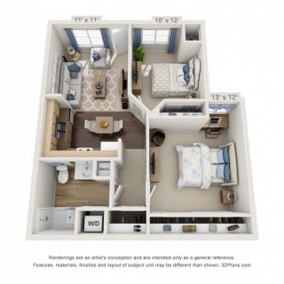 3D floor plan of a two-bedroom apartment.