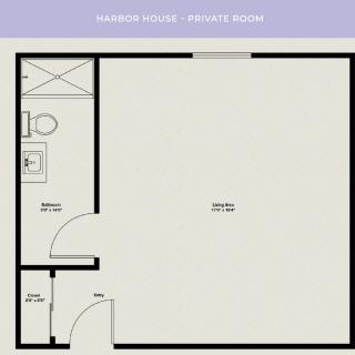 Floor plan of a studio room with a bathroom and closet area.