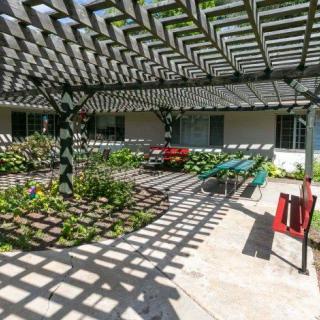 A sunny courtyard with a pergola casting geometric shadows on the ground, surrounded by benches and greenery.