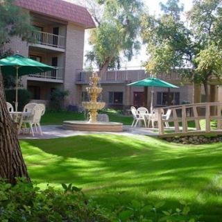 A serene hotel garden featuring lush green grass, a tranquil fountain, and outdoor seating under umbrellas.