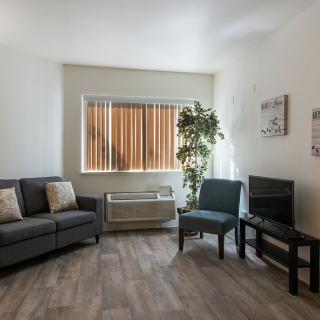 A modern living room with a comfortable sofa, armchair, TV, and large window.