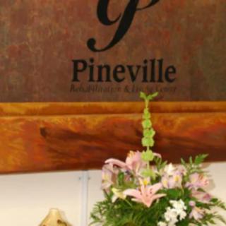 A beautifully arranged bouquet of flowers in front of a sign for Pineville.