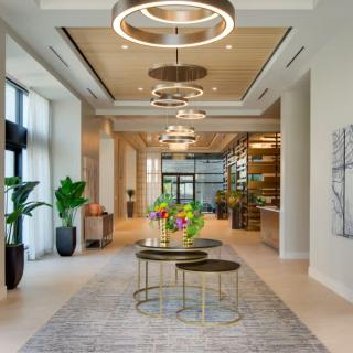 A modern lobby with stylish lighting and decor.