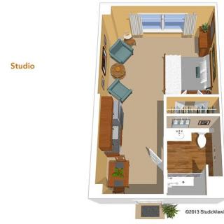 A detailed floor plan of a studio apartment showcasing the layout and furniture placement.