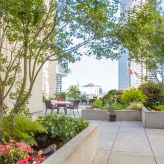 A tranquil urban garden with lush greenery and flowers on a patio, surrounded by tall buildings.