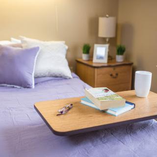 A cozy bedroom setup featuring a neatly made bed with soft bedding, a nightstand adorned with a lamp and potted plants, and a wooden tray displaying books.