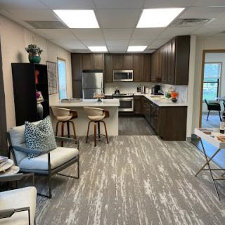 A modern open-concept kitchen and living area featuring stylish furniture and contemporary appliances.

