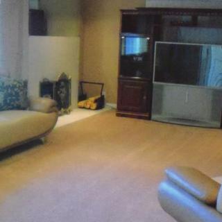 A spacious living room featuring a sofa, TV stand, and carpeted flooring.