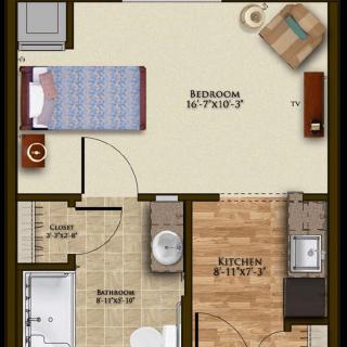 A floor plan of an apartment featuring a bedroom, kitchen, and bathroom.