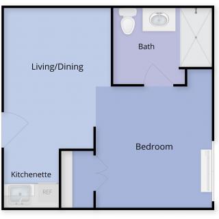 A floor plan of a one-bedroom apartment featuring a living/dining area, kitchenette, bedroom, and bathroom.