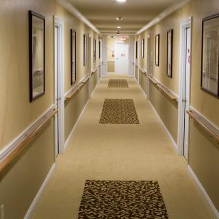 A long, well-lit hallway with framed pictures on the walls and carpets on the floor.