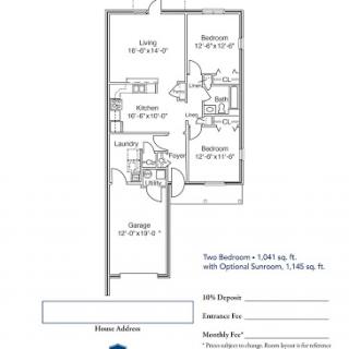 A detailed floor plan of a two-bedroom house featuring a garage and well-defined living spaces.