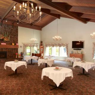 A cozy dining room with round tables, white tablecloths, and a central chandelier, featuring a fireplace and large windows.