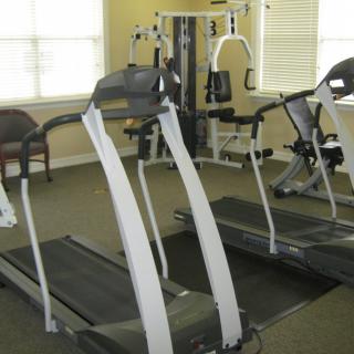 A gym room featuring treadmills and other fitness equipment.