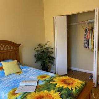 A cozy bedroom featuring a sunflower-themed bedding set, an open closet with hanging clothes, and a book on the bed.