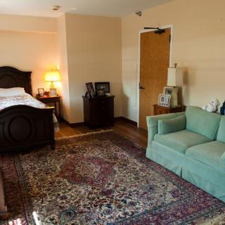 A cozy bedroom with a large bed, green sofa, and an ornate rug on the floor.