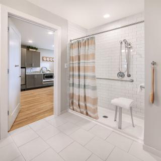 Modern bathroom with an accessible shower area and a view into the kitchen.