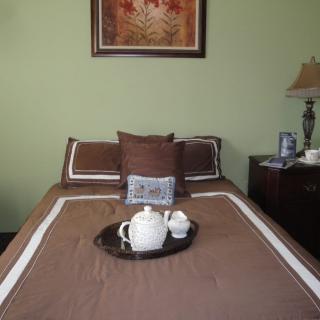A cozy bedroom featuring a neatly made bed with a brown and white bedspread, adorned with a tray holding a tea set. A framed artwork hangs on the light green wall above, and a bedside table with a lamp adds to the room's decor.