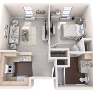 One-bedroom apartment floor plan with a kitchen, living room, and bathroom.
