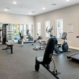 A modern gym with various exercise equipment and workout machines.