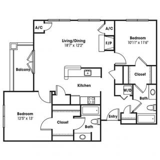 A two-bedroom apartment floor plan with a living/dining area, kitchen, two bathrooms, and a balcony.