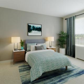 A modern bedroom with cozy and minimalist decor, featuring a bed with patterned bedding, nightstands with lamps, and a large window allowing natural light.