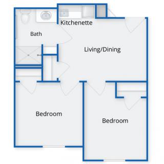 A floor plan of a two-bedroom apartment featuring a kitchenette, living/dining area, and a bathroom.